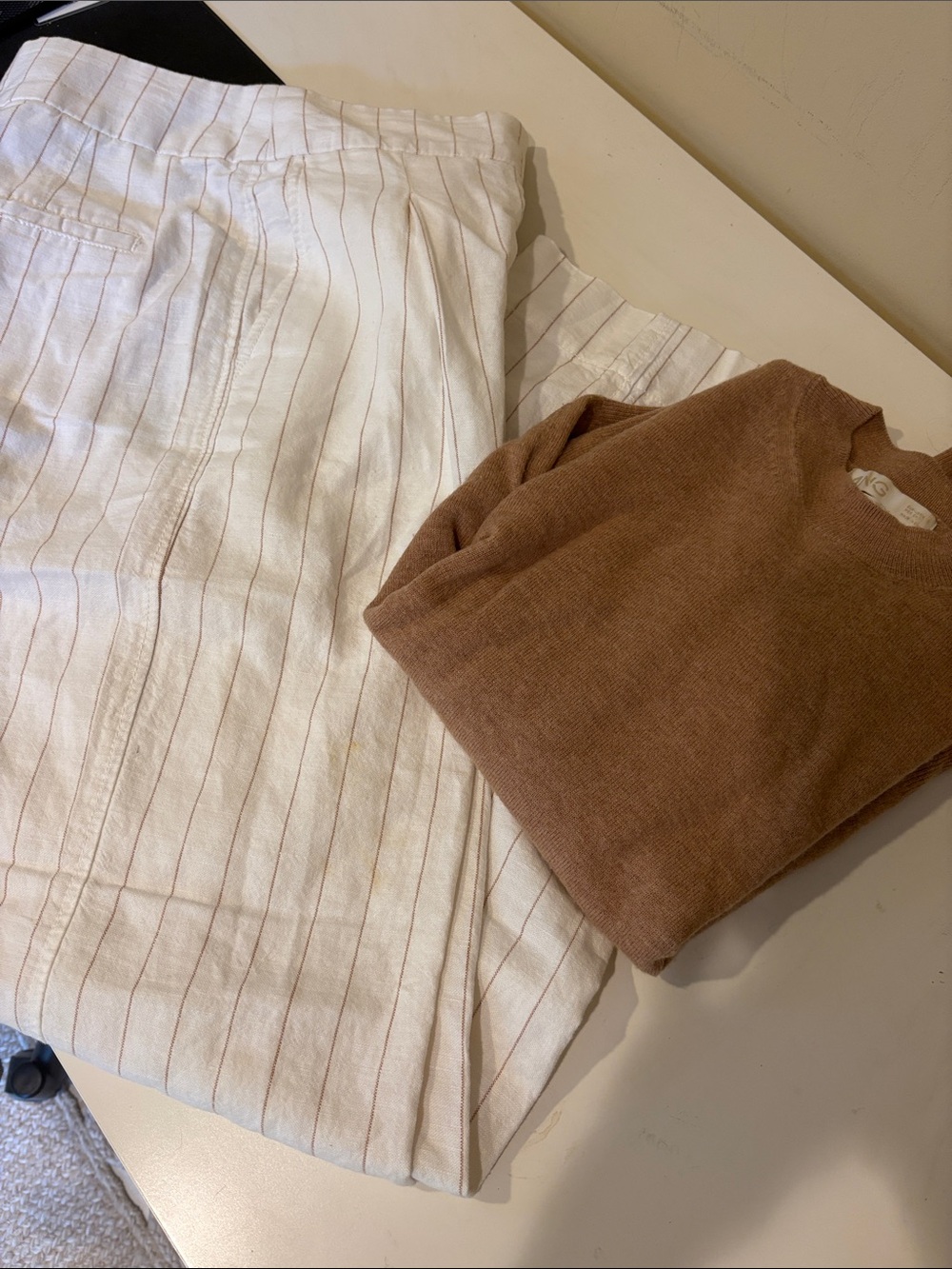 Cream Pinstripe Linen Pants with Brown Knit Sweater.  Gap pants.  Mango top.